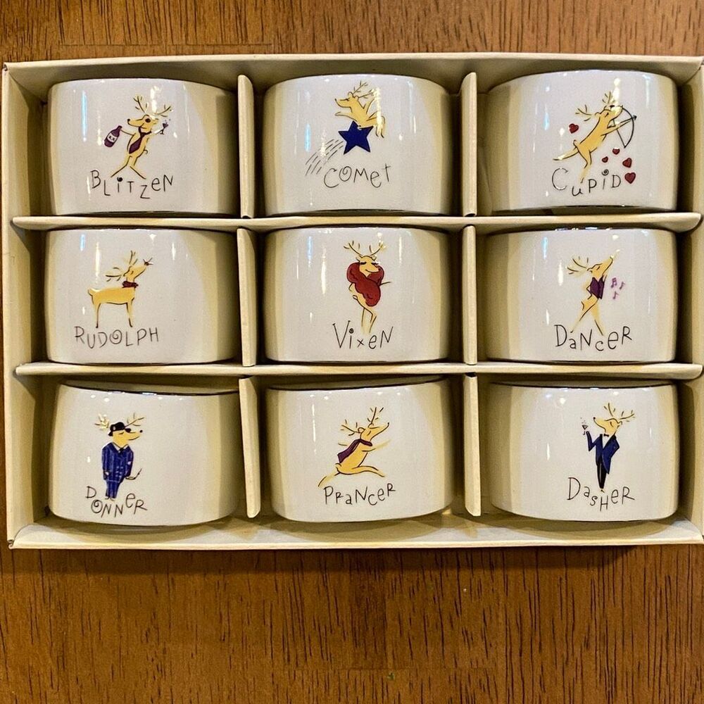Vintage Pottery Barn Complete Set of 9 Reindeer Napkin Rings Christmas